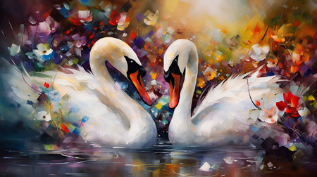 Digital painting of two swans swimming in the lake. Colorful artistic backgroundの素材