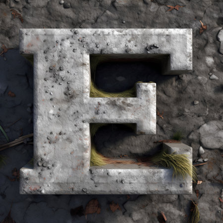 Metal letter E uppercase. 3D render cracked concrete font with moss and dry grass on it.の素材