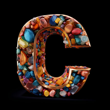 Letter C made of precious stones isolated on black background. 3d renderingの素材