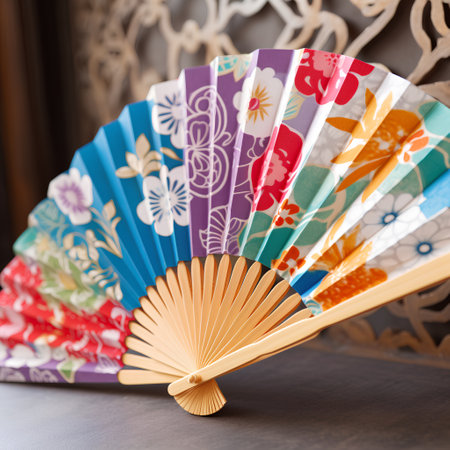 Colorful hand fan on a wooden background. Selective focus.の素材