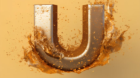 Isolated orange liquid letter U. 3d render of liquid gold font.の素材