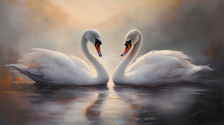 Two white swans swimming in the water, digital painting effect.の素材