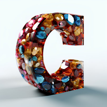 Letter C with gems on a white background. 3d rendering.の素材