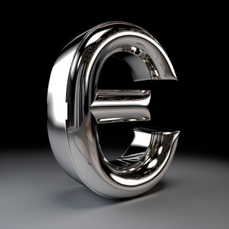 Metal letter E uppercase. 3D render font with shadow on black background.の素材