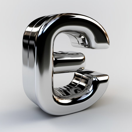 Metal letter E isolated on white background. 3d rendered font.の素材
