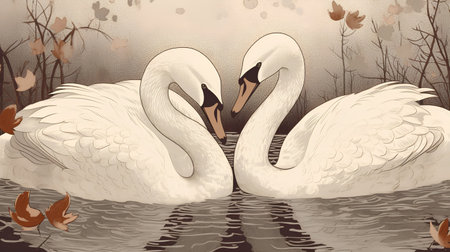 Two white swans on the lake in autumn. Vector illustration.の素材