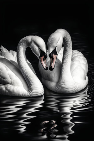 Two graceful white swans on the water. Black and white photo.の素材