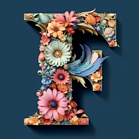 Floral capital letter F with flowers, leaves and berries on blue background.の素材
