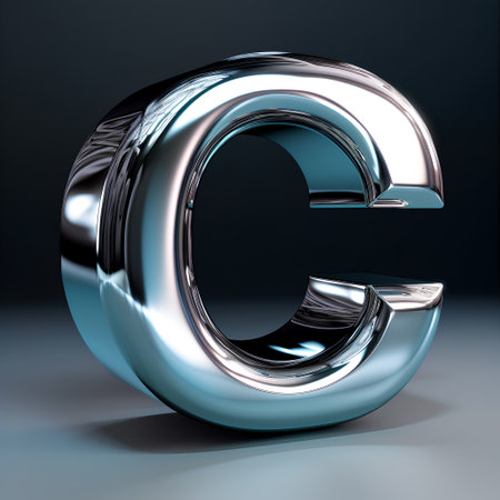 Metal letter C uppercase. 3D rendering font with shadow isolated on black backgroundの素材