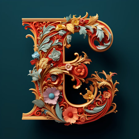 Luxury capital letter E with floral ornament in the style of Baroque. 3D renderの素材
