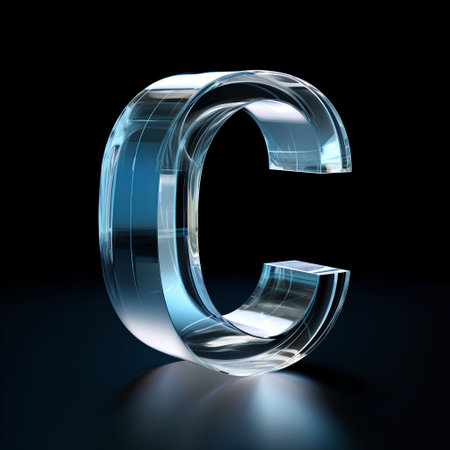 Transparent glass font Letter C isolated on black background. 3d renderingの素材