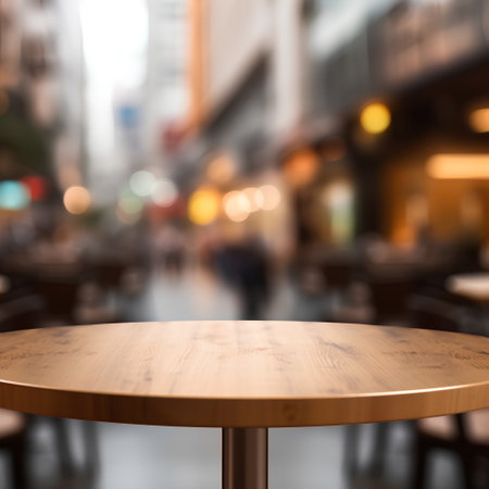 Empty wood table and Coffee shop blur background with bokeh image.の素材