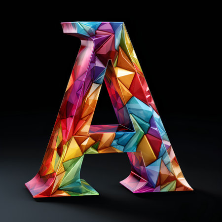Low poly style letter A uppercase. 3D render of polygonal font isolated on black background.の素材