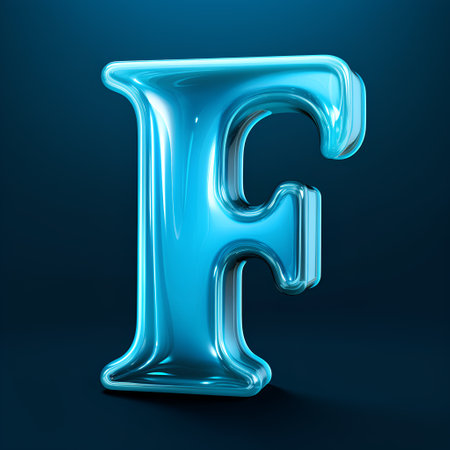 Glossy transparent letter F uppercase isolated on blue background. 3D rendered alphabet.の素材