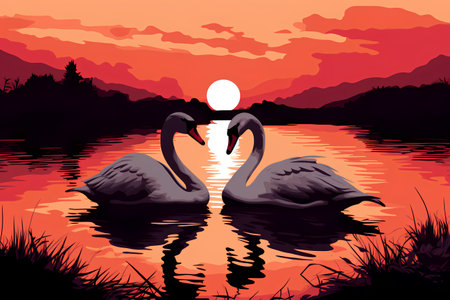 Two swans on the lake at sunset. Vector illustration in cartoon styleの素材