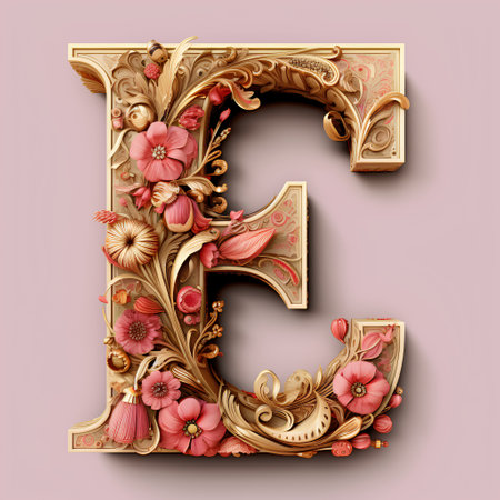 Vintage letter E in Victorian style with floral ornament. 3d renderingの素材