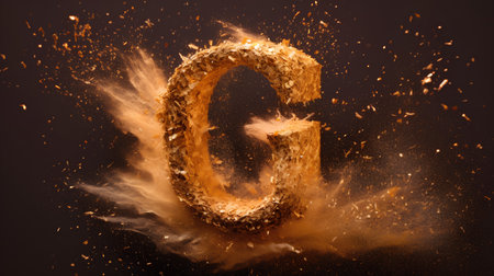 3d rendering of a golden letter C made of sand on a black backgroundの素材