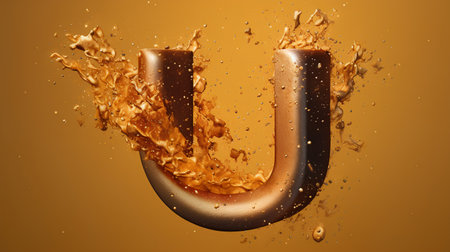 3d rendering of a metallic alphabet with a splash. Letter Uの素材