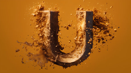 3d letter U made of golden powder, isolated on orange backgroundの素材