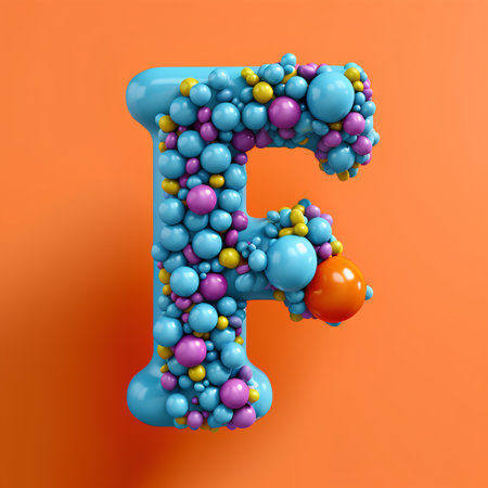 Letter F made of colorful balls. 3D render font isolated on orange background.の素材