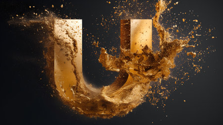 3d rendering of letter u in golden paint splash isolated on black backgroundの素材