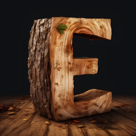 Wooden letter E on a wooden background. 3d render.の素材