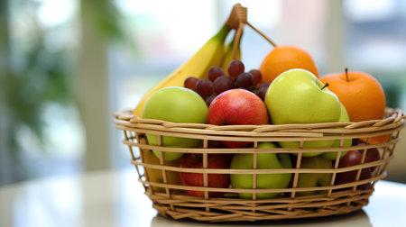 Basket with fresh fruits on table in kitchen, closeup viewの素材