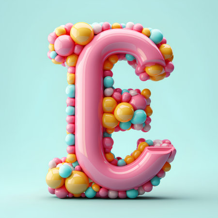 3d render pink letter E made of colorful balloons isolated on blue backgroundの素材