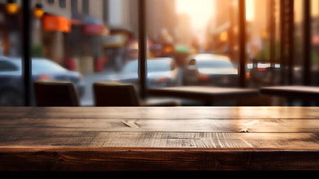 Empty wooden table and blurred background of cafe or restaurant. product display template.の素材