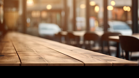 Empty wooden table and Coffee shop blur background with bokeh image.の素材