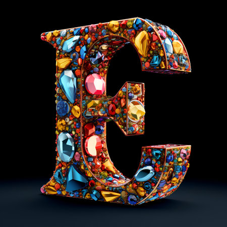 3D Letter E made of precious stones isolated on black background.の素材