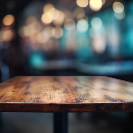 Empty wooden table and Coffee shop blur background with bokeh image.の素材