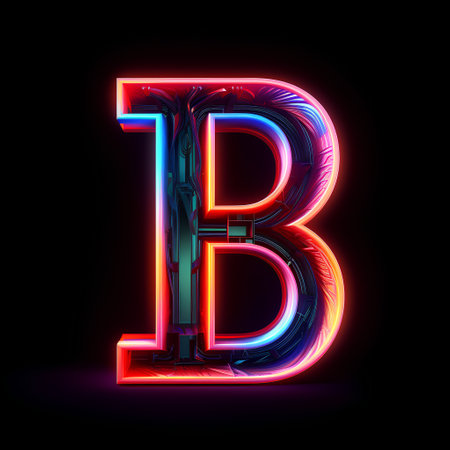 Neon letter B in low poly style, isolated on black backgroundの素材