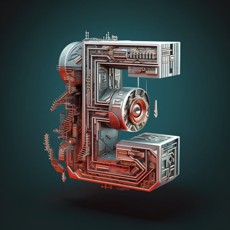 Mechanical alphabet made from electronic components. Letter E. 3D renderingの素材