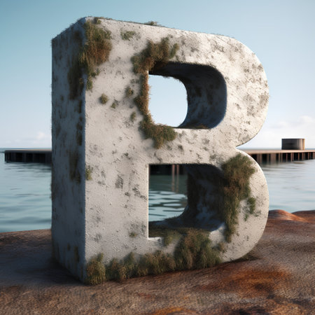 Concrete letter B uppercase. 3D render font with grass texture on beach background.の素材
