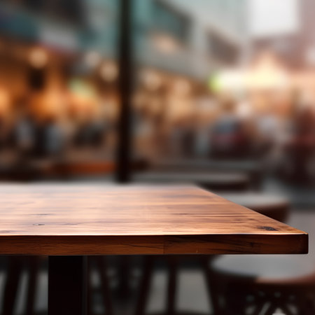 Empty wooden table and Coffee shop blur background with bokeh image.の素材