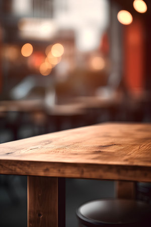 Empty wooden table in a restaurant, shallow depth of field, blurred backgroundの素材
