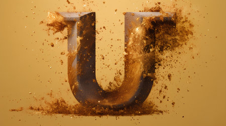 grunge letter u uppercase, isolated on yellow backgroundの素材