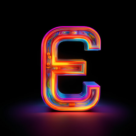 Neon light letter E isolated on black background, 3D renderingの素材