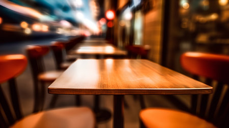 Empty wooden table in front of abstract blurred cafe background. Perspective view.の素材