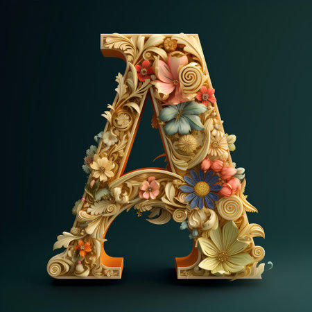 Golden capital letter A decorated with flowers and leaves. 3d renderの素材
