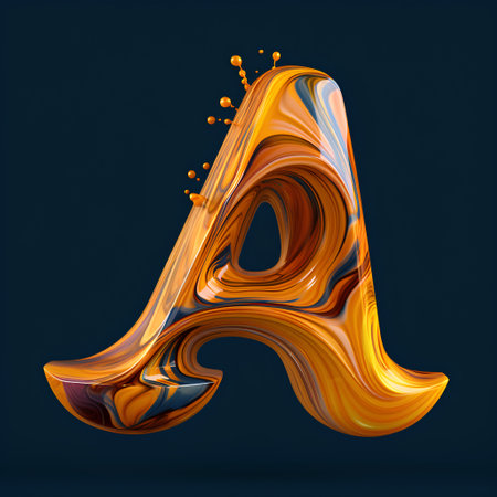 3D render of liquid gold paint letter A isolated on dark background.の素材