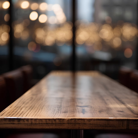 Empty wooden table in front of abstract blurred background of cafe or restaurantの素材