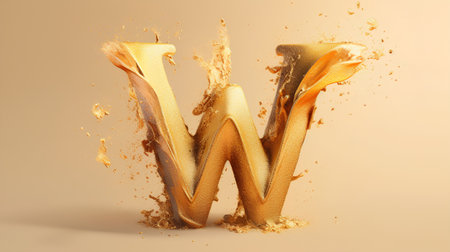 Gold paint letter W uppercase. 3D render cracked golden font with splashes isolated on beige background.の素材