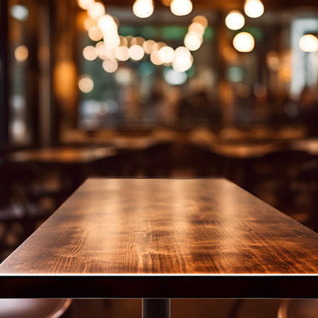 Empty wooden table and Coffee shop blur background with bokeh image.の素材