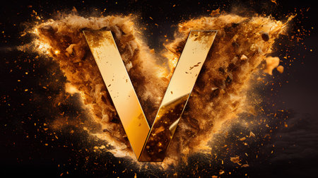 Fiery letter V lowercase with smoke and fire effect isolated on black backgroundの素材