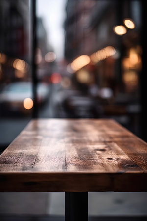 Empty wooden table in front of a blurry background of night city.の素材