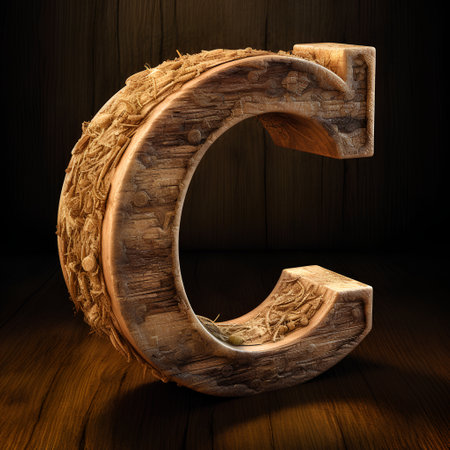 Wooden capital letter C in dark room. 3D Render Illustrationの素材