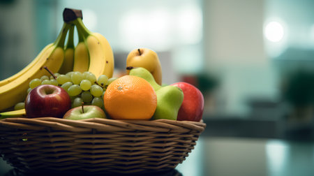 Basket of fresh fruits in the kitchen. Selective focus. Toned.の素材
