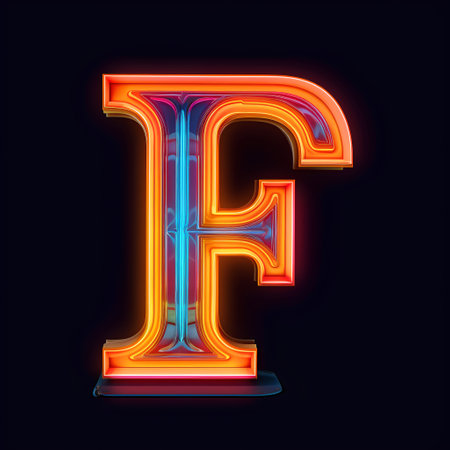 Neon letter F from neon alphabet set, isolated on black backgroundの素材
